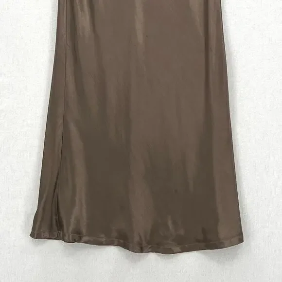 ENZA COSTA Satin Bias Cut Skirt Womens Small 1 Shiitake Brown Midi Pull on Slip - Picture 10 of 16